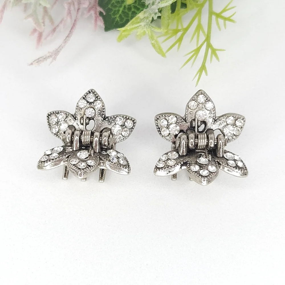 2 Silver Crystal Flower Hair Clips or Barrettes